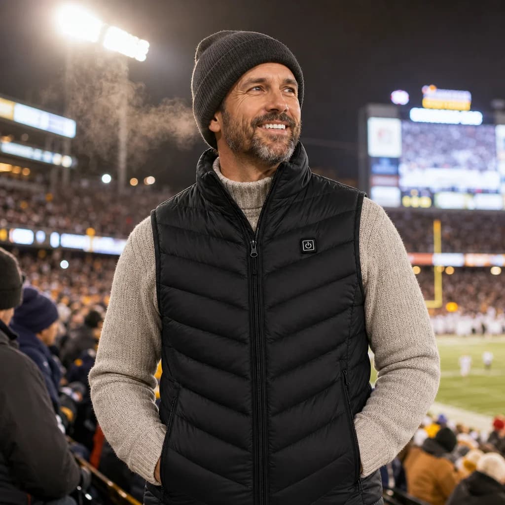 Fan wearing ThermiVest in a stadium on a cold evening