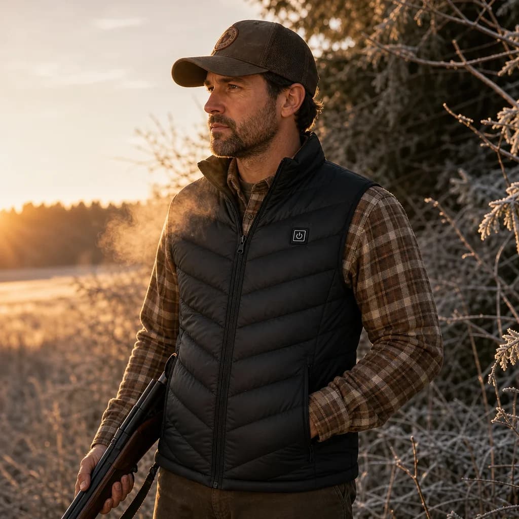 Hunter wearing ThermiVest at a frosty treeline at dawn
