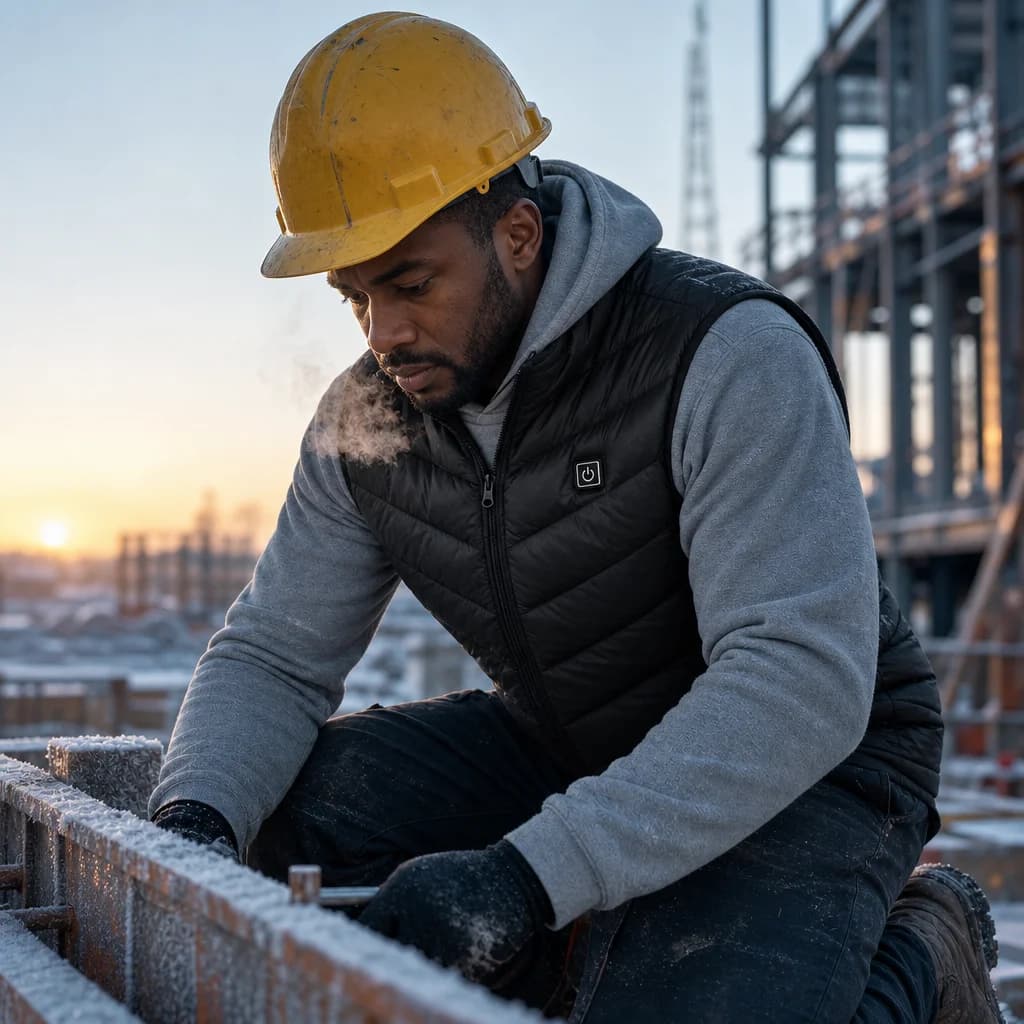 Worker in a hard hat wearing ThermiVest on a freezing early-morning job site