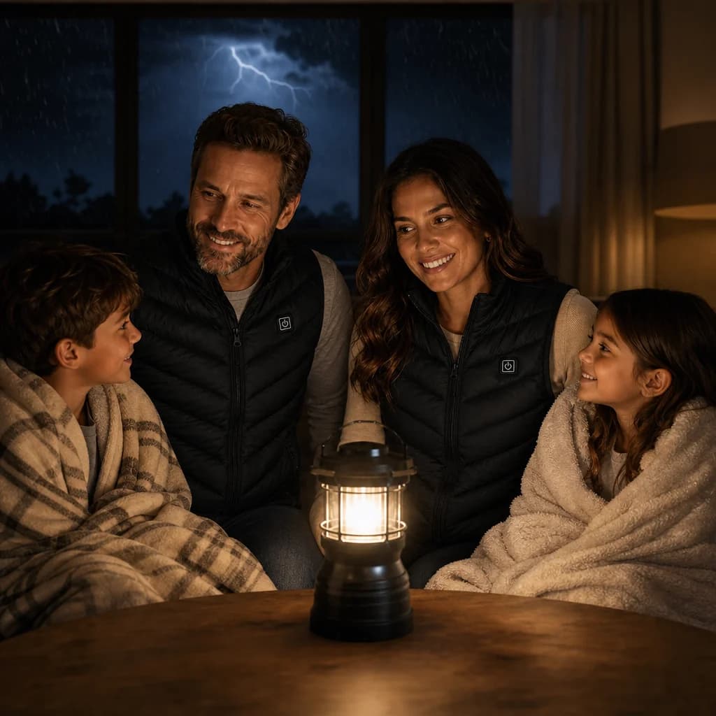 Family of four staying warm together by lantern light during a power outage, parents wearing ThermiVest