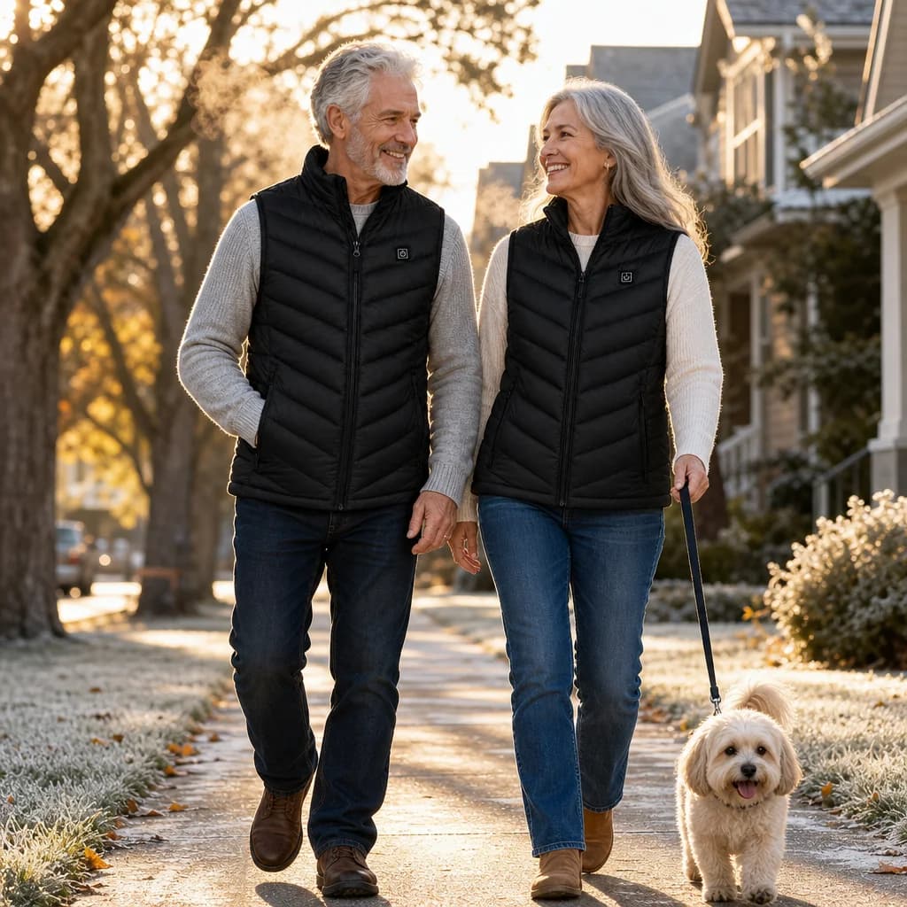 Older couple walking their dog at dawn, both wearing ThermiVest
